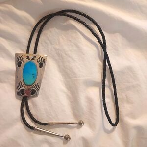 Vintage Matt C. Sterling Silver & Turquoise Bear Claw Bolo Tie
